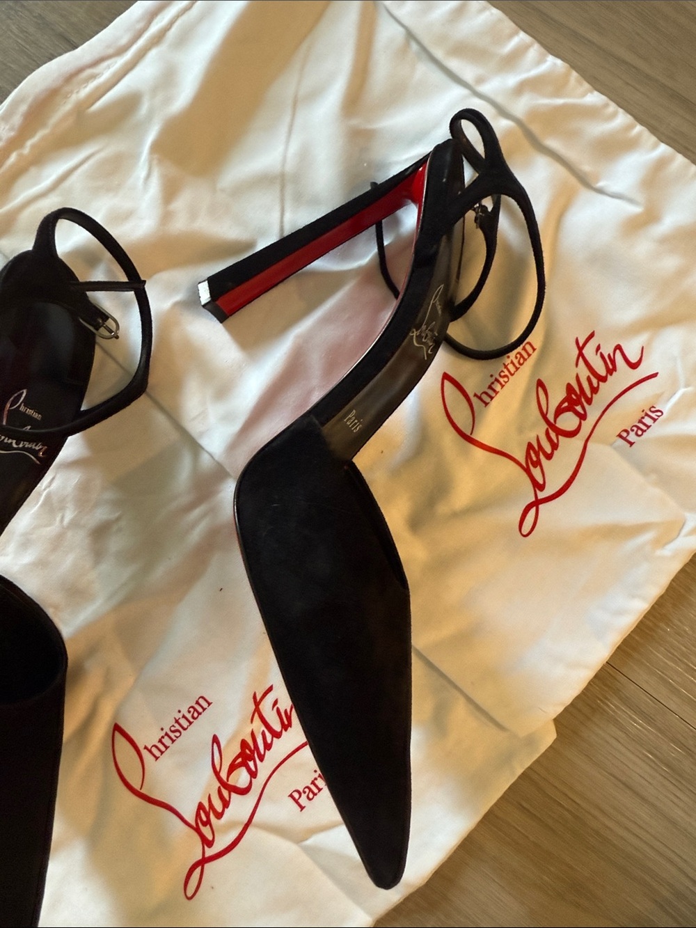Christian Louboutin Black Suede Pointed-Toe Ankle-Strap Pumps - Picture 7 of 9